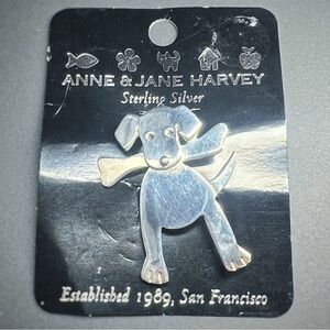 Vintage Dog with Bone Pin, Ann & Jane Harvey Sterling Silver 925, original card